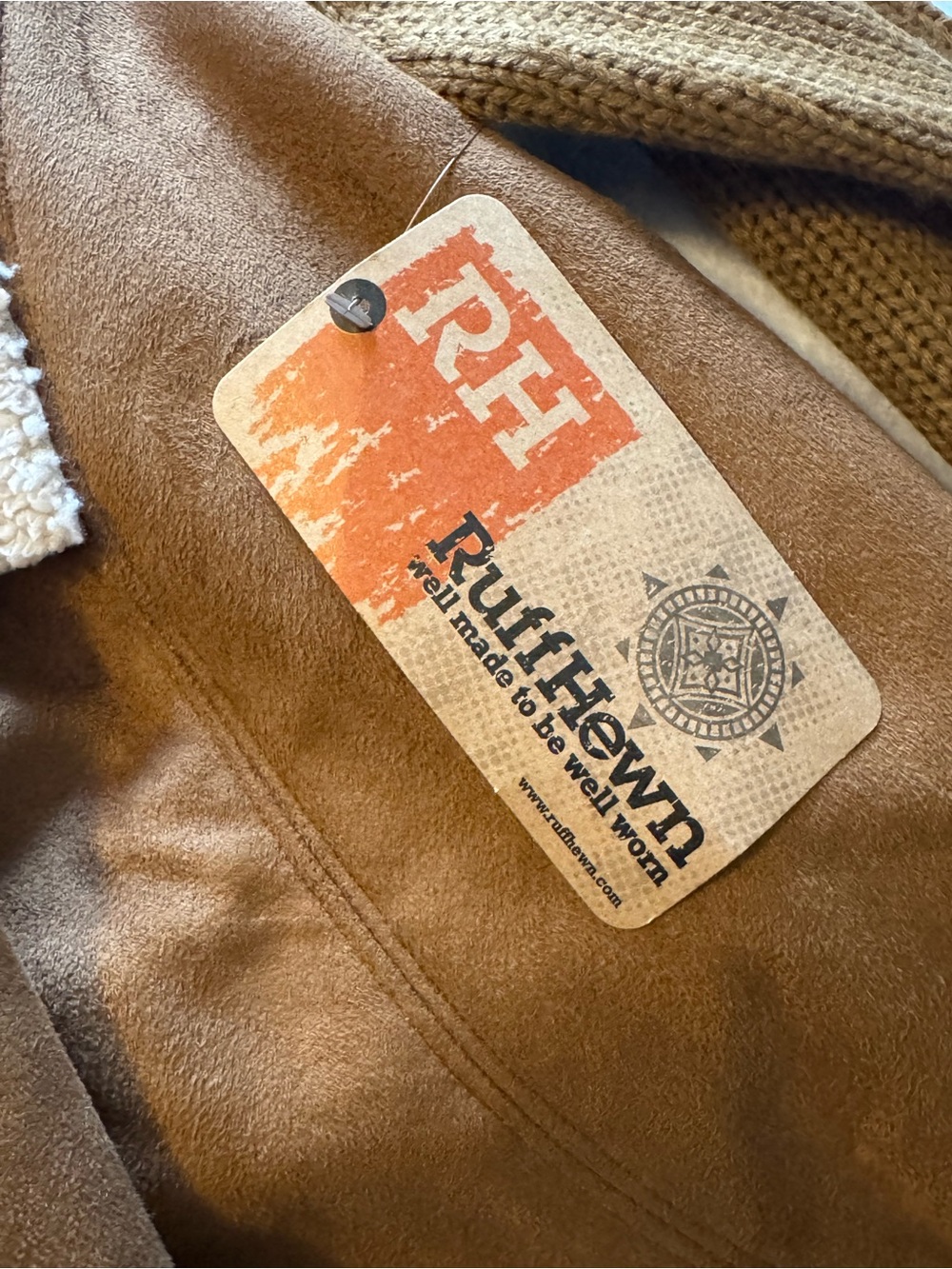 RUFF HEWN Sherpa Collar Faux-Suede Draped Jacket XL 22” p2p Brown/Cream $99 NWT - Picture 5 of 12
